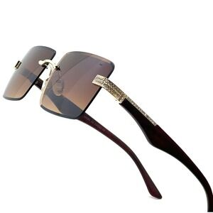Rimless Sunglasses Men Square‎ Rhinestone Brown Lens Fashion Shades Street Wear